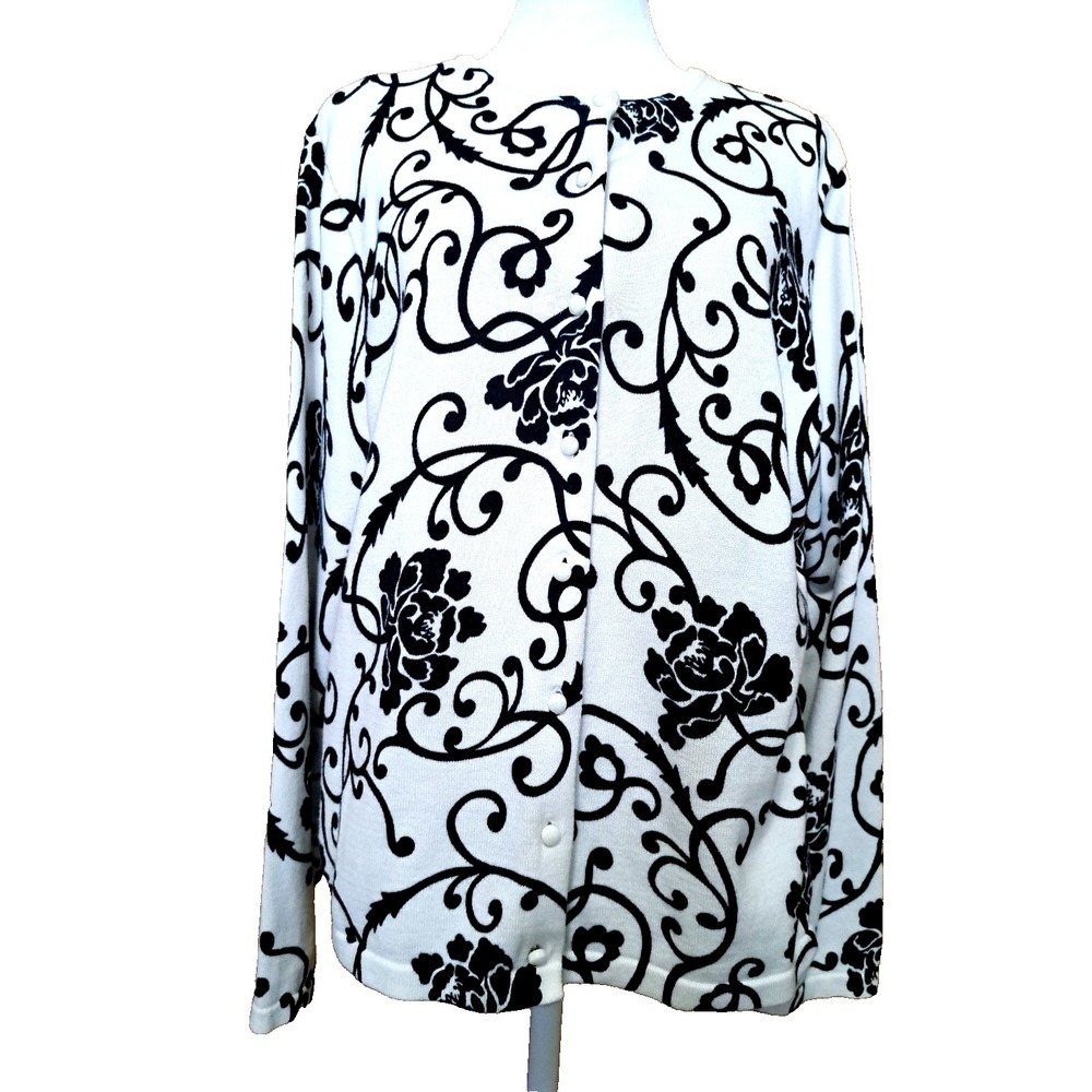 Studio Works Women's White Black Long Sleeve Button-Up Cotton Cardigan Sweater L